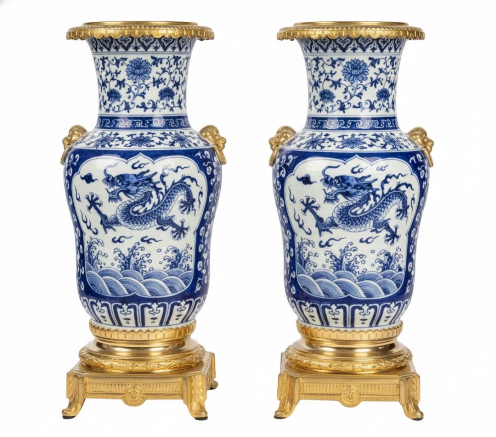pair of 19thcentury gilt bronze and chinese porcelain vases
